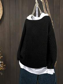 SHEIN Unity Loose Fit Geometric Knitted Sweater For Women, Long Sleeve Pullover, Fall Winter - Black - View 2