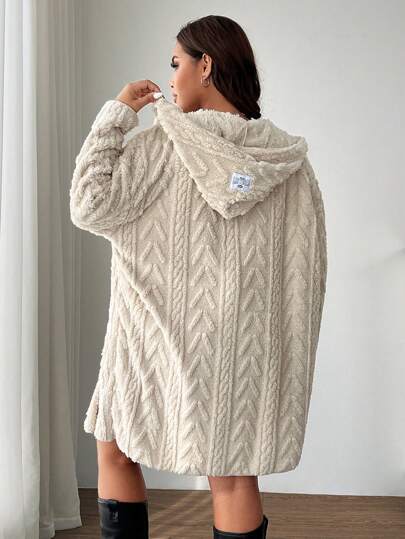 SHEIN EZwear Plus Size Barley Texture Jacquard Reversible Fleece Hooded Jacket For Winter Thermal Fall Autumn
