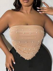 SHEIN SXY Plus Size Women's Faux Pearls Beaded Bandana Hem Crop Tube Top, Suitable For Date Night, Birthday, Bachelorette Party, Casual, Shopping, Streetwear, Going Out, Easy To Match&Looks Slim, Flatter The Figure