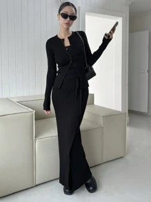DAZY 2pcs Women Plain Button-Front Long Sleeve Sweater And Skirt Set