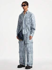 Manfinity NXTstreet Men's Digital Print Loose Front Button Long Sleeve Shirt And Pocket Casual Pants Set - Grey - View 3