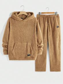 Manfinity VCAY 2pcs Men's Knitted Casual Dropped Shoulder Hooded Sweatshirt & Pants Fall Set - Brown - View 1