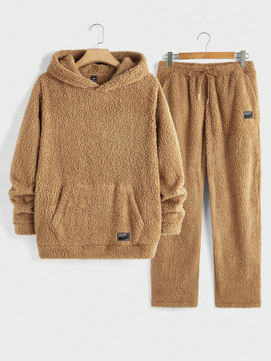 Manfinity VCAY 2pcs Men's Knitted Casual Dropped Shoulder Hooded Sweatshirt & Pants Fall Set - Brown - View 1