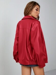 SHEIN ICON Drop Shoulder Zip Up Black PU Jacket - Red - View 2