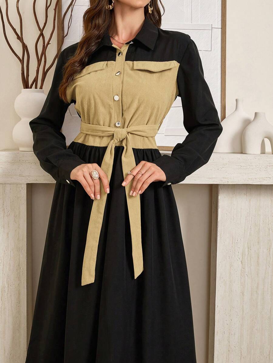 Seusyu 女式长款灯芯绒拼接收腰喇叭裙，配衬衫领，秋冬季 - 黑色 - 查看 1