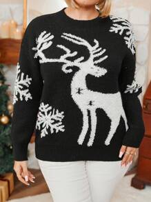 Plus Size Women Deer Print Long Sleeve Casual Pullover Sweater, Christmas Winter - Black and White - View 4