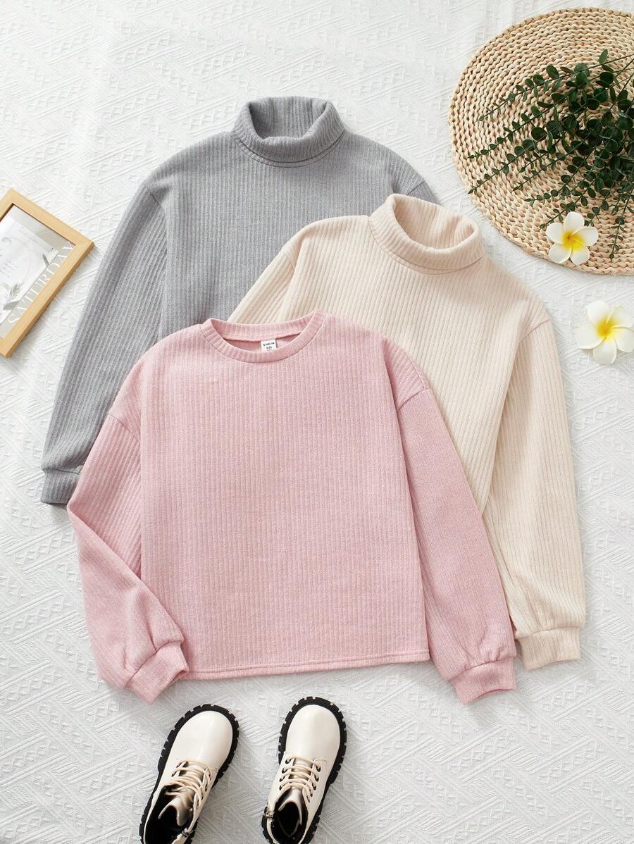 SHEIN 3pcs/Set Tween Girls' Loose Knitted Casual Plain T-Shirt Sets, Autumn Winter - Multicolor - View 1