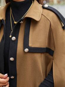 Elenzga Plus Size Women Winter Color Block Raglan Sleeve Woolen Cloak Elegant Jacket Fall Cloth For Women Autumn - Brown - View 7