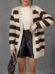 EURMUSE Women Stripe Pattern Hairy Yarn Open Front Cardigan - Multicolor - View 1