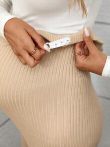SHEIN Maternity Solid Color Button Rib Knit Casual Pants
