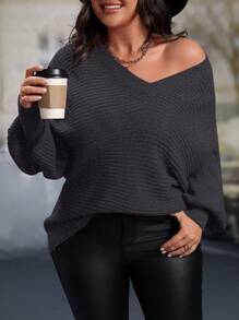 大码女式纯色V领蝙蝠袖长袖套头毛衣，秋冬针织套头衫 - 深灰色 - 查看 5