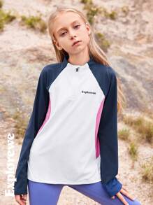 SHEIN Outdoor Casual Color Block Half Zip Stand Collar Long Sleeve Comfy T-Shirt Top For Tween Girls, Suitable For Outdoor Activities, Everyday Casual, Sports & Street Style
