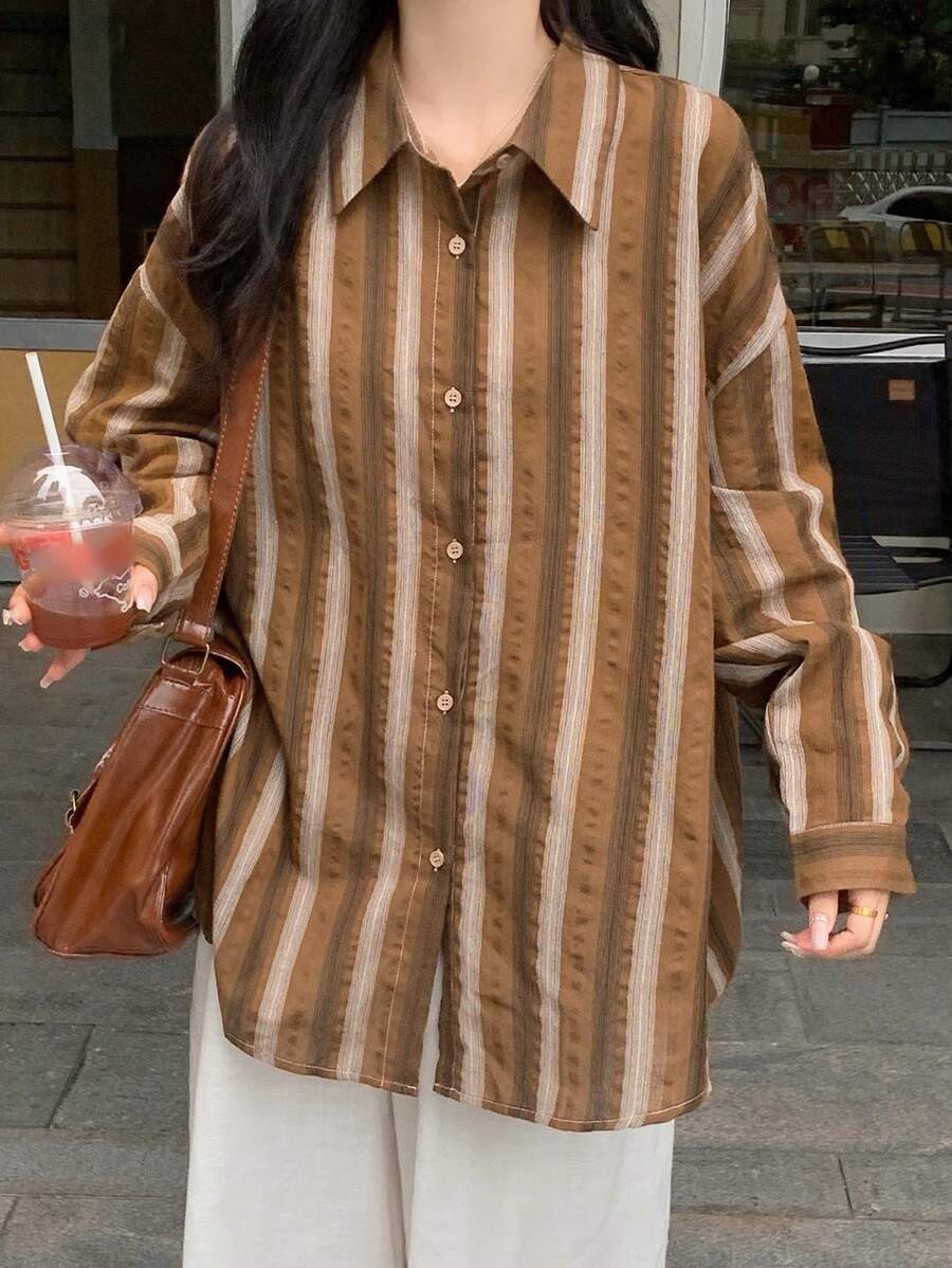 FRIFUL Damska luźna bluzka w paski z odkrytymi ramionami i długim rękawem, wiosna/jesień - Brązowy - Zobacz 1