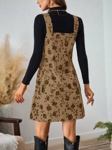 SHEIN LUNE 女式黑色花纹灯芯绒背心裙 - 咖啡 - 查看 2