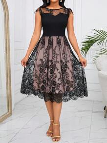 SHEIN Lady Women's Black Lace Round Neck Ruffle Sleeve Dress - Dusty Pink - View 6