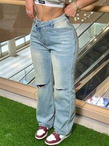 Women's Asymmetrical Waistband Distressed Denim Jeans - Light Wash - View 4