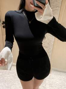 DAZY 女式拼色立领喇叭袖修身T恤，春秋长袖女上衣，秋季女装立领女装