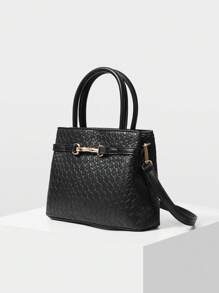 MOTF PREMIUM 女士黑色纯色纹理金属扣饰通勤手提包 - 黑色 - 查看 4