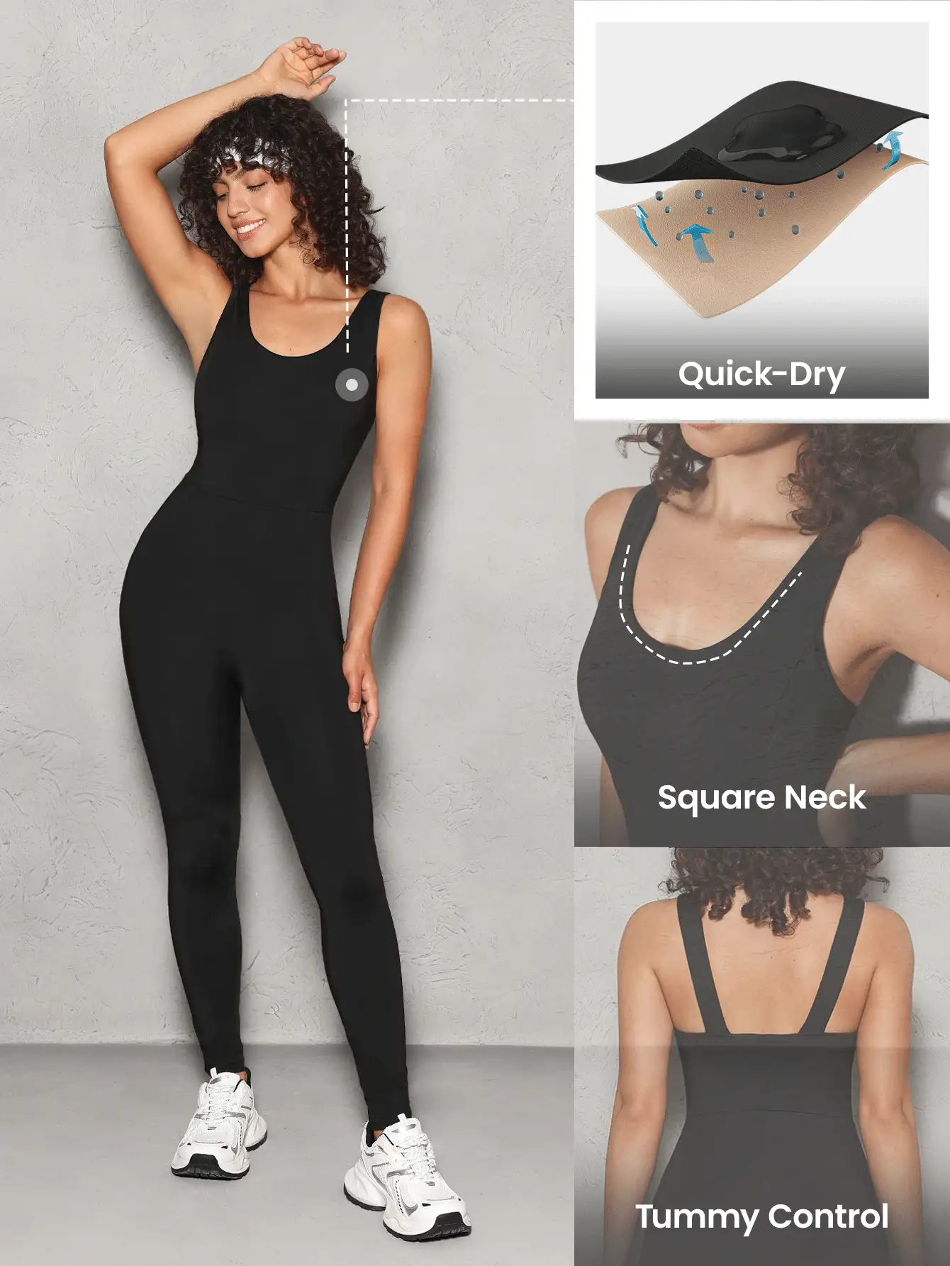 Lifespree Macacão Esportivo de Ajuste Slim com Gola Redonda e Sem Mangas, Macacão Inteiro de Verão - Preto - Visão 3