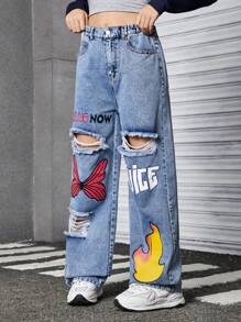 SHEIN Explorewe Teen Girl Ripped Graphic Print Straight Loose Fit Denim Jeans - Light Wash - View 6