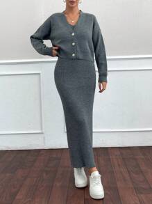 RueChic Woman Elegant  Knitting Detailed Maxi Dress And Cardigan Winter Two Piece Sweater Co-Ords