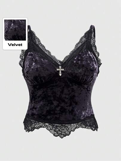 Große Größen Sommer Dunkel Gothic Kreuz Anhänger Samt Slim Cami Top
