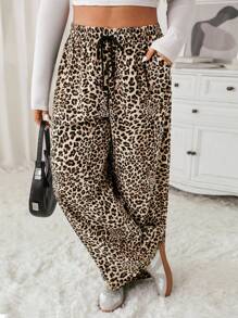 SHEIN EZwear 大码女式豹纹系带腰口袋宽腿宽松裤 - 彩色 - 查看 1