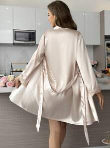 SilkySpell Women's Long Sleeve Lace Splicing Belted Robe And Cami Dress Pajama Set Silk Sleepwear, Fall Winter Clothes - Champagne - View 2