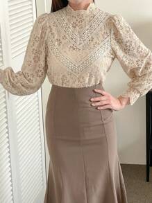 DAZY Áo cánh ren thanh lịch cổ đứng tay đèn lồng cho nữ xuân/thu - Màu Khaki - Xem 7
