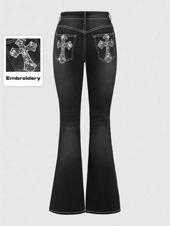 Grunge Punk Y2k Vintage Millennium Embroidery Women's Slim Fit Flare Jeans With Pocket, Star, Moon, Cross Detail, School
