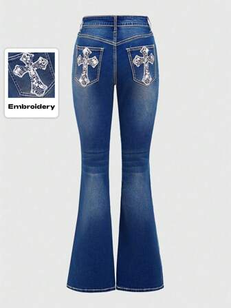 Grunge Punk Y2k Vintage Millennial Pocket Stars, Moon, Cross Embroidered & Studded Slim Flare Jeans, School