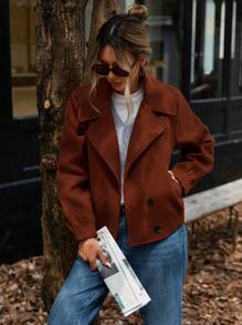 Aveloria 女士法式时尚复古风格褶皱袖口和下摆、翻领、双排扣短夹克、秋季服装 - 棕色 - 查看 6