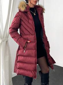 EURMUSE FUZZY TRIM BELTED HOODED WINTER COAT - Rose Red - View 1