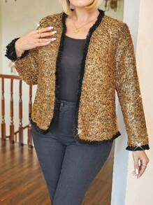 Plus Size Women Fur Trim Long Sleeve Open Front Elegant Jacket, Fall/Winter - Black - View 3
