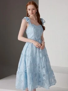 SHEIN Belle فستان حفلة بحمالات سباغيتي من الدانتيل والزهور باللون الواحد للنساء - الأزرق - مشاهدة 8