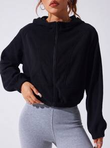 SHEIN Áo khoác thể thao giản dị tối giản dài tay có khóa kéo trơn - màu đen - Xem 3