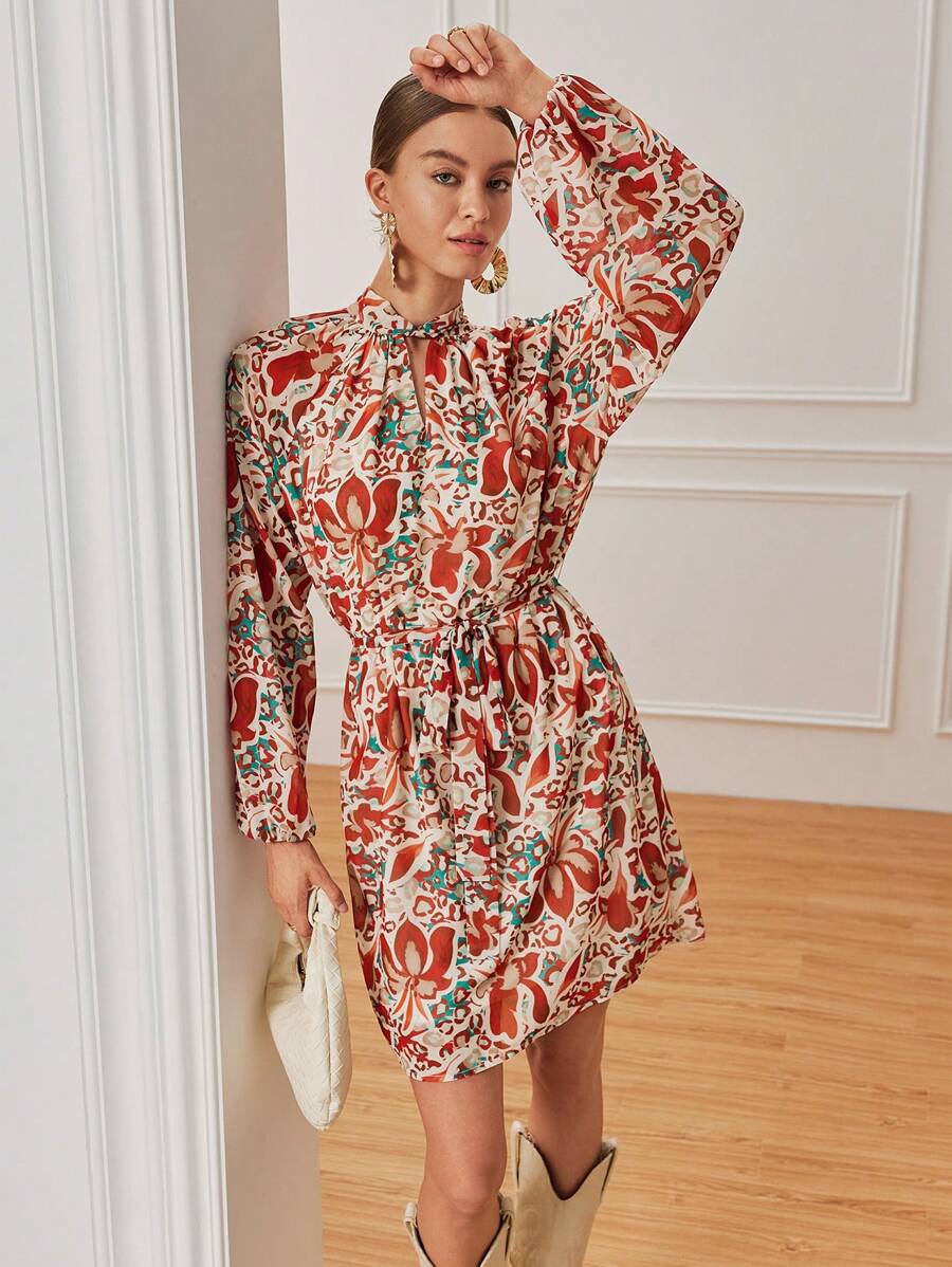 Chiquease Women's Floral Print Keyhole Neckline Long Sleeve Elegant Short Dress For Vacation - Red - View 1