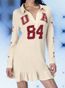 FREAK CITY Designer Women USA 84 Printed Ruffled Hem Mini Waffle Dress Retro Street Apricot Dress, For Spring, Beach, Festival, Holiday, Party, Vacation, Birthday Outfits, Ibiza Fits, Prom Dress - Apricot - View 3