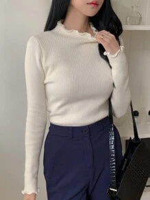 DAZY Áo len dài tay cổ cao bo gấu màu trơn lót nhiệt cho nữ, thời trang thu/đông - trắng - Xem 5