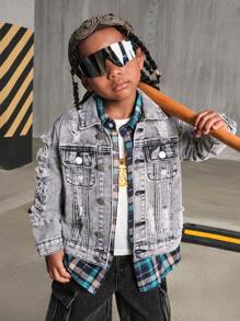 SHEIN Explorewe Young Boys Denim Jacket New Casual Fashion Distressed Washed Denim Jacket - Grey - View 4