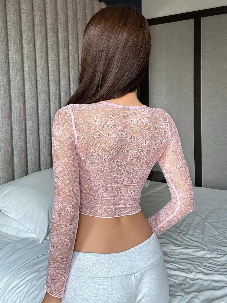 Semi-Sheer Lace Hollow Out Fitted Sleepwear Top Pajama