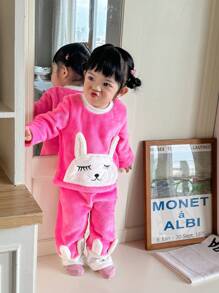 2pcs Baby Girl Crew Neck Long Sleeve Cute Animal Print Sweatshirt And Casual Fleece Pants Set - Pink - View 3