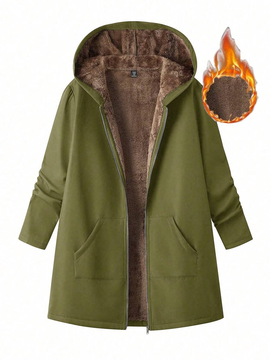 Plus Size Casual Zip-Up Hooded Coat, Winter Fall Cloth For Women Autumn - Army Green - View 1