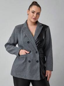SHEIN Clasi Plus Size Women's PU Patchwork Suit Jacket For Office/Commute Wear In Autumn & Winter - Multicolor - View 3