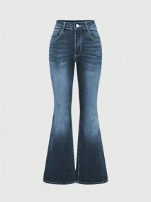 ROMWE Grunge Punk Women's Leopard Print & Embroidery Letter Patch Pocket Flared Casual Jeans - Blue - View 2