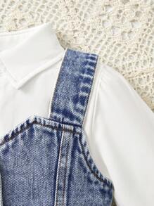 SHEIN Bộ 2 chiếc/bộ váy xòe tay bồng màu trắng đơn giản cho bé gái kèm áo dây denim, trang phục hàng ngày - Rửa trung bình - Xem 4