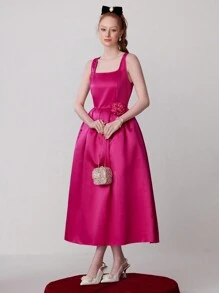 SHEIN Belle 女士方领褶皱荷叶边花卉点缀正式晚礼服 - 玫紅色 - 查看 7