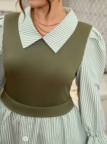 SHEIN LUNE 大码女式春秋条纹翻领长袖荷叶边下摆二合一上衣 - 軍綠色 - 查看 4