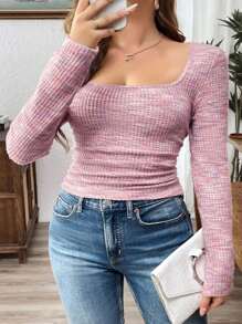 SHEIN LUNE Plus Size Casual Long Sleeve Simple T-Shirt, Daily Wear - Pink - View 3