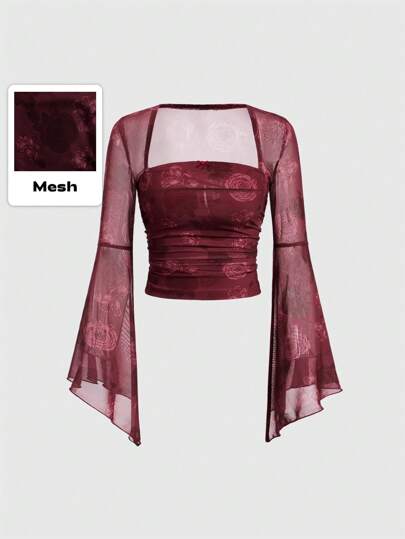 Plus Size Women's Floral Print Mesh Long Sleeve Top